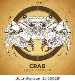 Crab silhouette with gears on old paper texture background. Punk style. Vector illustration