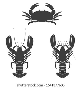 Crab silhouette icon set. Lobster and other decapods.