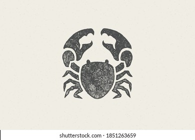 Crab silhouette for logo and emblem design hand drawn stamp effect vector illustration. Vintage grunge texture emblem for package and menu design or label decoration.