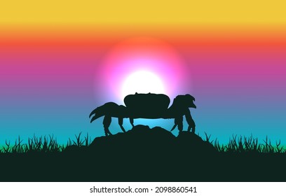Crab silhouette on rainbow landscape background illustration. Vector graphic eps 10.