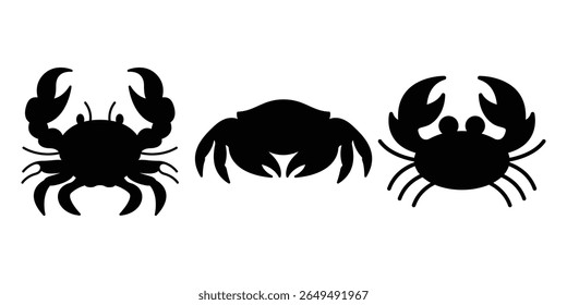 Crab Silhouette Vector Set, 3 Sea Animal Icons for Beach and Ocean Designs.