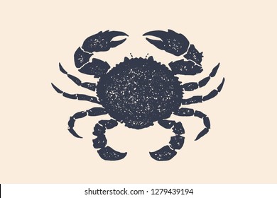 Crab silhouette. Vintage logo, retro print, poster for Butchery meat shop, crab silhouette. Logo template for meat business, meat shop. Isolated black white silhouette crab Vector Illustration