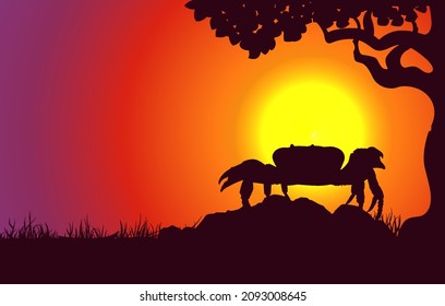 Crab silhouette. Zodiac sign and symbol on sunset landscape background illustration for banner, wallpaper, background. Vector graphic eps 10.