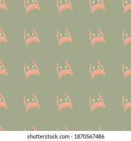 Crab simple pink silhouettes seamless pale pattern. Light green background. Nature backdrop. Designed for fabric design, textile print, wrapping, cover. Vector illustration.