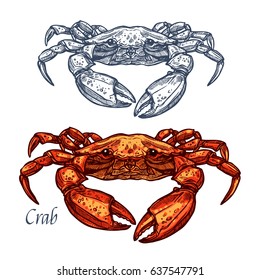 Crab sketch vector icon. Isolated ocean lobster crustaceans species. Isolated symbol for seafood restaurant sign or emblem, fishing club or fishery market