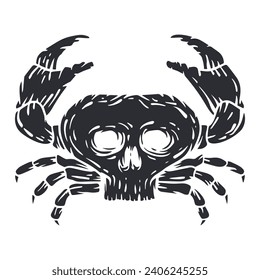 Crab with skull head silhouette in cartoon retro style. Realistic vintage silhouette sea animal. Hand drawn design elements for print, tattoo. Sketch vector illustration.