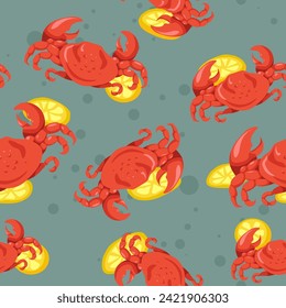 Crab with slice of lemon. Seafood served with citrus. Tasty seafood in restaurant or shop, store or cafe with delicatessens. Seamless patten, background print or wallpaper. Vector in flat style