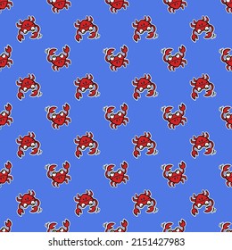 CRAB SMILING Cartoon Hand Drawn Picture Seamless Pattern Cute Red Underwater Inhabitant For Design Vector Illustration On Blue Background Fairy Tale For Print