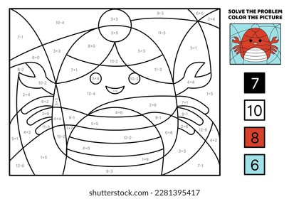 Crab. Solve the problem, color the picture. Addition, Subtraction. Coloring book. Kawaii, cartoon, vector. Isolated vector illustration eps 10