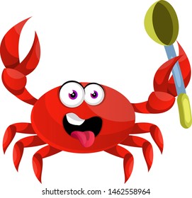 Crab with spoon, illustration, vector on white background.