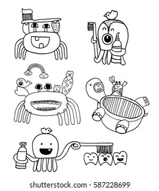 Crab and Squid Dentistry, braces, Tooth brush Cartoon, Zen tangle stylized cartoon turtle T-shirt emblem, logo or tattoo with doodle, zen tangle, Vector