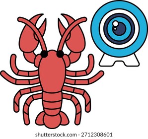 A crab is standing next to a camera. The camera is black and white