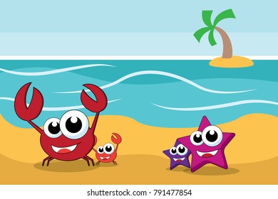 crab and starfish in the beach