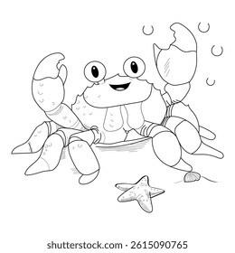 Crab and starfish beach coloring sheet cartoon, starfish waving, with seashells on sand. Coloring book for kids, coloring page for children, vector flat