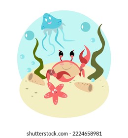 Crab and starfish at the bottom of the sea threw a party