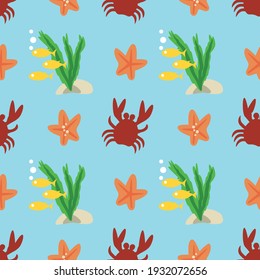 Crab, starfish, fish, and seaweed seamless pattern. Summer print.  Colorful vector illustration of the ocean bottom with red, yellow, green, orange and blue.