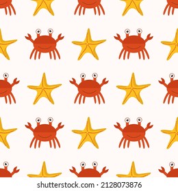 Crab and starfish pattern on a light background for web design. Vector wallpaper for use in textile design or as a print for clothing
