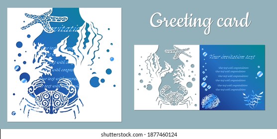 Crab, starfish, seaweed. Template for making a postcard. Vector image for laser cutting and plotter printing. Fauna with marine animals.