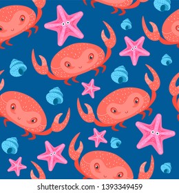 Crab, starfish, shell on blue background. Seamless pattern for fabric and wrapping paper. Vecto