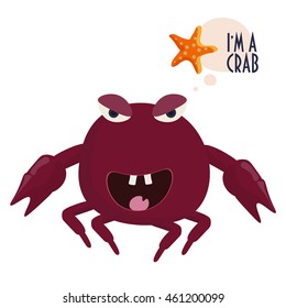 Crab with starfish vector illustration in a childish cartoon flat style. Crustacean. Atlantic rock or Peekytoe crab.