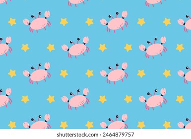 Crab and stars on an isolated blue background.Seamless pattern.