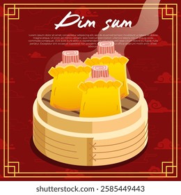 Crab Stick Dim sum in a bamboo steamer with a red cloud Chinese background vector illustration