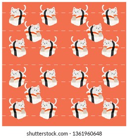 Crab Stick sushi cat pattern, cute white cat cartoon seamless background with Crab Stick  sushi, Vector illustration