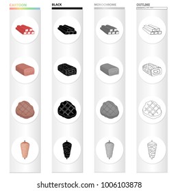 Crab sticks, meat roll, fried steak, kebab. Meat set collection icons in cartoon black monochrome outline style vector symbol stock illustration web.