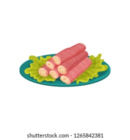 Crab sticks stuffed with melted cheese. Delicious snacks. Food theme. Flat vector for restaurant menu or recipe book