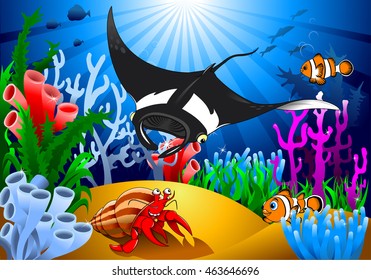 crab and stingray in a beautiful coral reef, vector