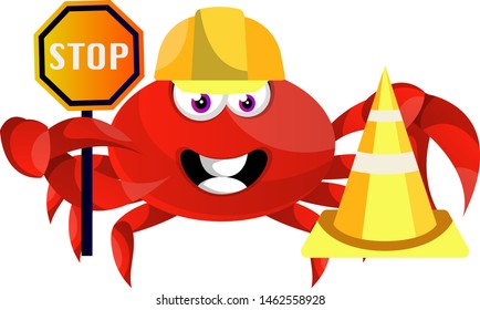 Crab with stop sign, illustration, vector on white background.