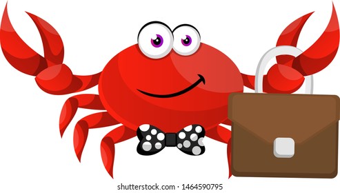 Crab with suitcase, illustration, vector on white background.