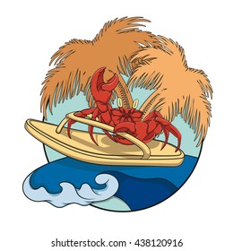 Crab surfer with flip-flops on a wave. Vector illustration on white background.