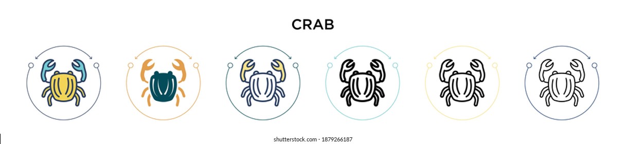 Crab symbol icon in filled, thin line, outline and stroke style. Vector illustration of two colored and black crab symbol vector icons designs can be used for mobile, ui, web