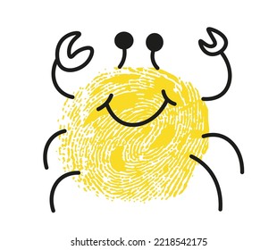 Crab thumbprint painting, isolated crustacean aquatic animal with smile on muzzle. Portrait of personage dwelling in water. Simple drawing of character with finger stamp, vector in flat style