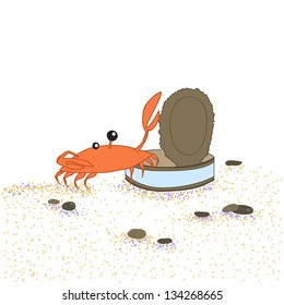 The crab with tin on beach. Vector illustration