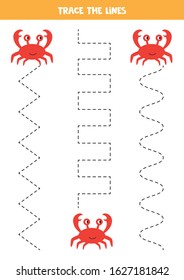 Crab tracing lines. Handwriting practice with sea animals.