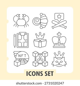 Cangrejo, reglas de tráfico, conjunto de iconos simples de activos digitales que muestran el entorno, criptografía, elementos de Regalías en estilo de contorno para App e impresión sobre fondo blanco. Conjunto de nueve iconos de línea delgada