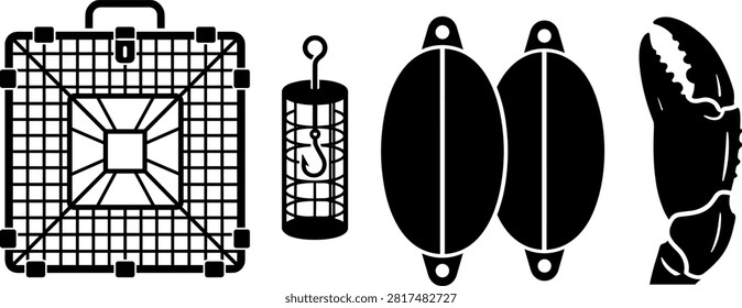Crab Trap Fishing Equipment Vector Set Featuring Wire Cage Cage Feeder Marker Buoys and Crab Claw Graphic Designs.eps