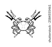 Crab and two crossed tridents. Design element for emblem, sign, badge, poster. Vector illustration