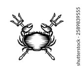 Crab and two crossed tridents. Design element for emblem, sign, badge, poster. Vector illustration