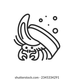 A crab uses garbage as a sink, linear icon, Pollution. Line with editable stroke