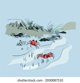 crab vector card japanese chinese nature ink illustration engraved sketch traditional textured colorful
