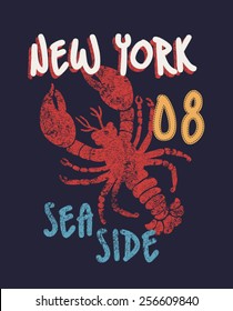 Crab vector .College New York typography. T-shirt graphic.