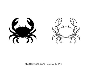 Crab vector illustration with a black silhouette and a line art outline. Perfect for logos, icons, and marine-themed designs.
