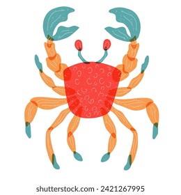 Crab vector illustration in a minimal doodle style isolated on white background. World Ocean Day concept. Sea hand drawn animal with retro risograph effect.