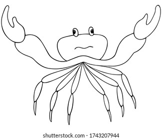 Krabbe. Vector-Abbildung. Umriss auf einem weißen isolierten Hintergrund. wirbelloses Meerestier mit Klauen eines Krustentiers. Handzeichnung. Skizze. Farbbuch für Kinder und Erwachsene. 