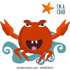 Crab. Vector illustration. Red crab with a starfish and blue sea water on white background. 