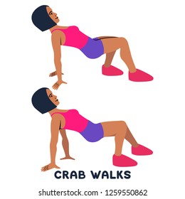 Crab walks. Sport exersice. Silhouettes of woman doing exercise. Workout, training Vector illustration