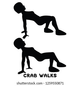 Crab walks. Sport exersice. Silhouettes of woman doing exercise. Workout, training Vector illustration